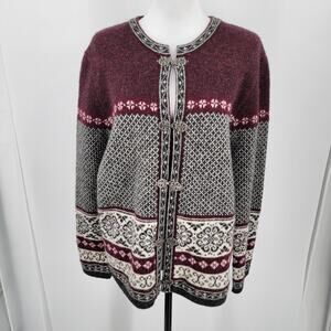 Carroll Reed Cardigan Sweater Womens Large Wool Burgandy Gray Metal Clasps